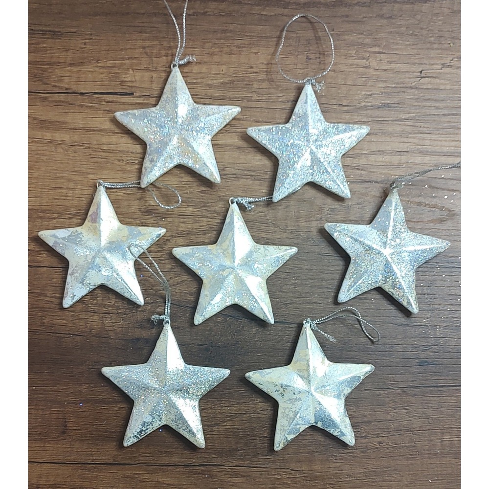 Ceramic Star Holiday Ornaments Silver Gold Glitter Patina Set Of 7 Fragile B3